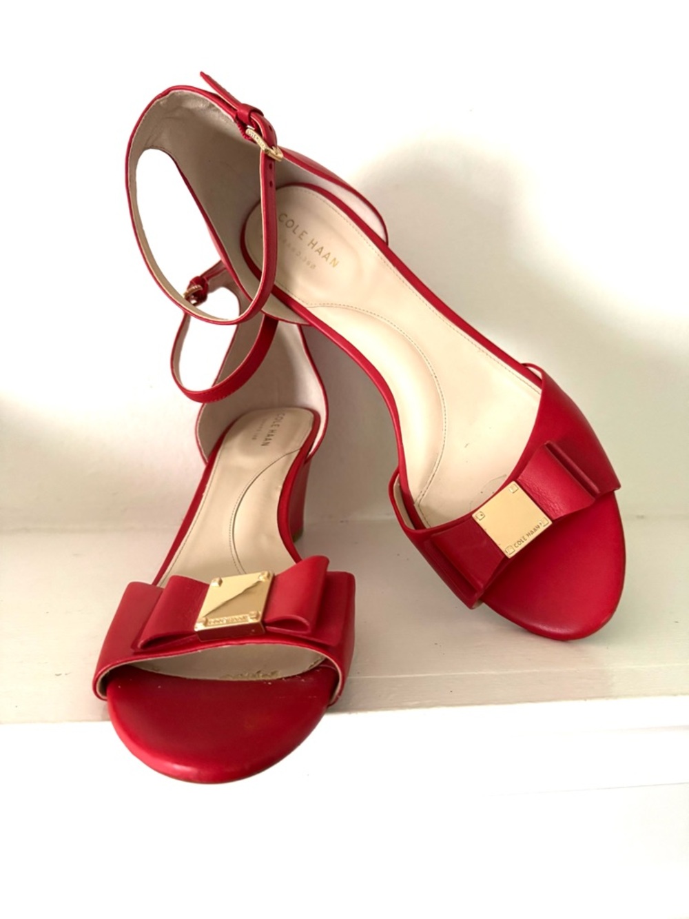 Cole Haan Tali Bow Wedge Red Ankle-Strap Sandals with Gold Accent